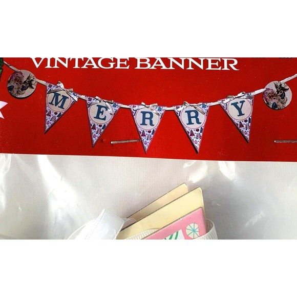 Mr. Christmas Banner MERRY Pink Turquoise Santa Reindeer 1950s Retro Ribbon 53" - Picture 3 of 11